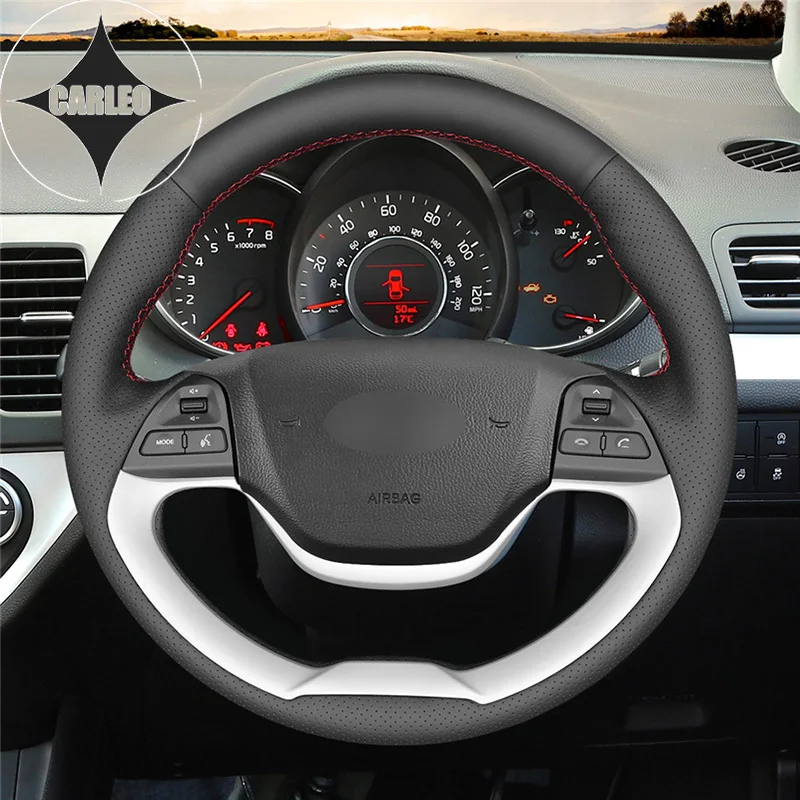 

DIY Car Steering Wheel Cover for Kia Morning 2011-2016 Picanto 2012 2013-15 Genuine Carbon Suede&Leather Stitching Custom Holder