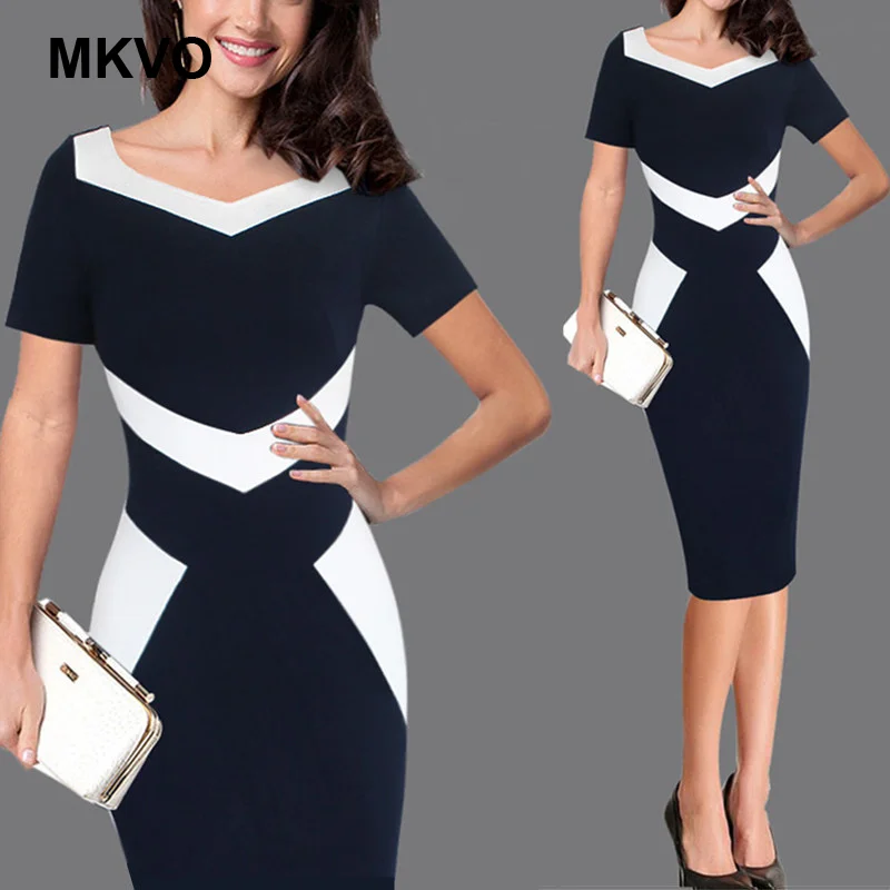 Women Elegant Dress 2019 Spring summer Short Sleeve O Neck Knee Length Shift pencil Dresses OL Style Black and white Work | Женская