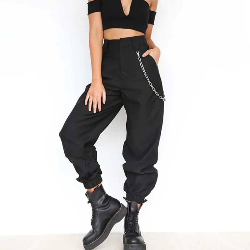 

Autumn Vintage Chain Black Cargo Pants Women Mid Waist Pants Joggers Baggy Trousers Women Streetwear Plus Size