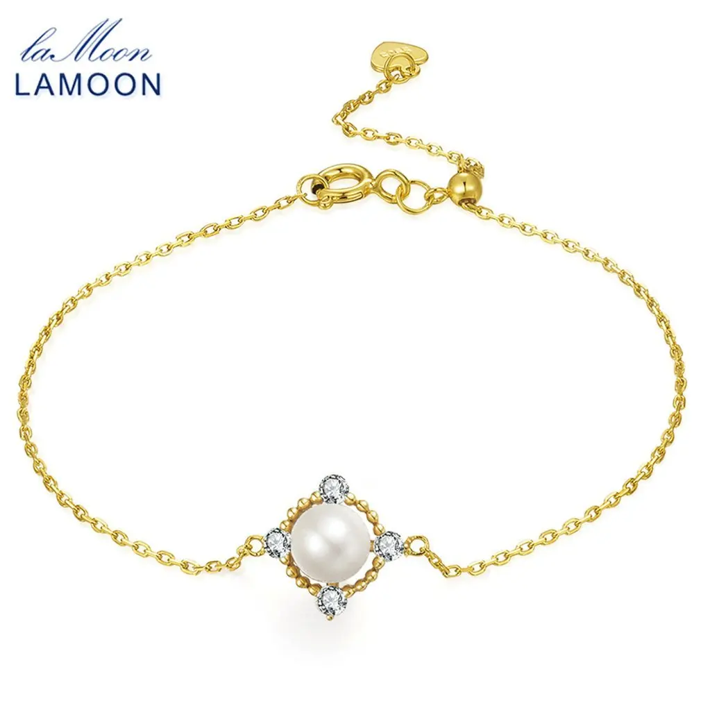 

Lamoon 100% Natural Bead Freshwater Pearl 925 Sterling Silver Jewelry Yellow Gold Hand Chain Fashion Bracelet HI014 Hot