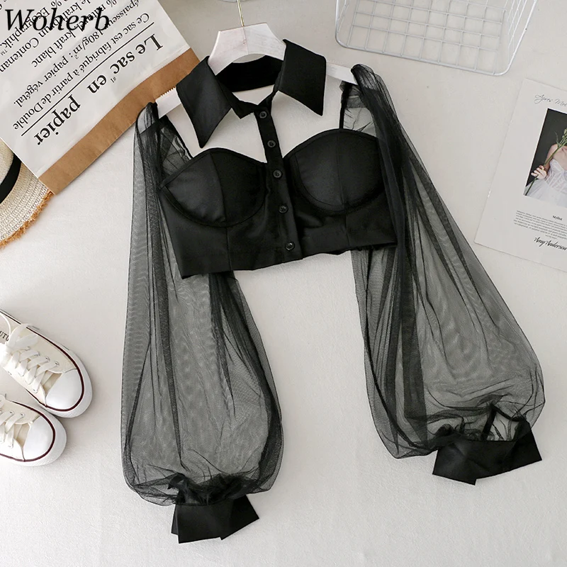 Блузка женская сетчатая с открытой спиной и рукавами-фонариками | Женская одежда