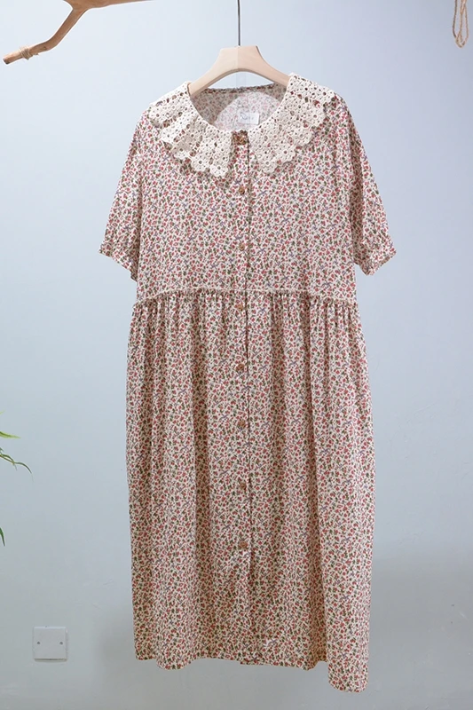 

summer new thin soft floral embroidery flower collar fresh sweet dress short sleeve midi dress