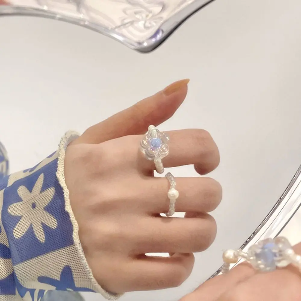 

2pcs/set Pearl Flower Ring Girl Japanese And Korean Beaded Elastic Fashion Personality Index Finger Ring