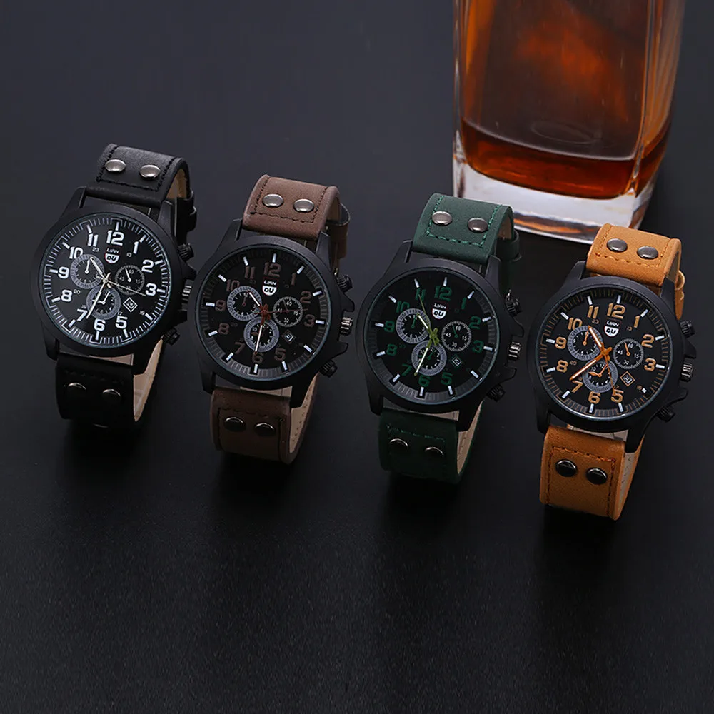 

Fashion Quartz Watch Military Leather Watches Band Mens Waterproof Wrist Watch Watch Men Calendar Montre Homme Час енские