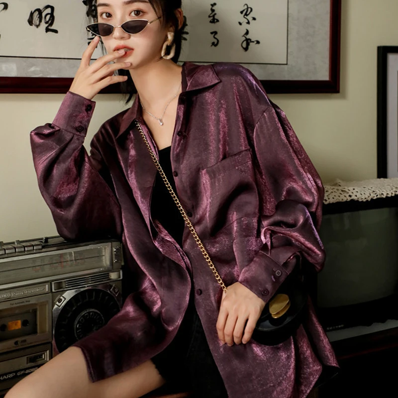2019 женская фиолетовая шифоновая блуза в стиле ретро с длинными рукавами Длинная