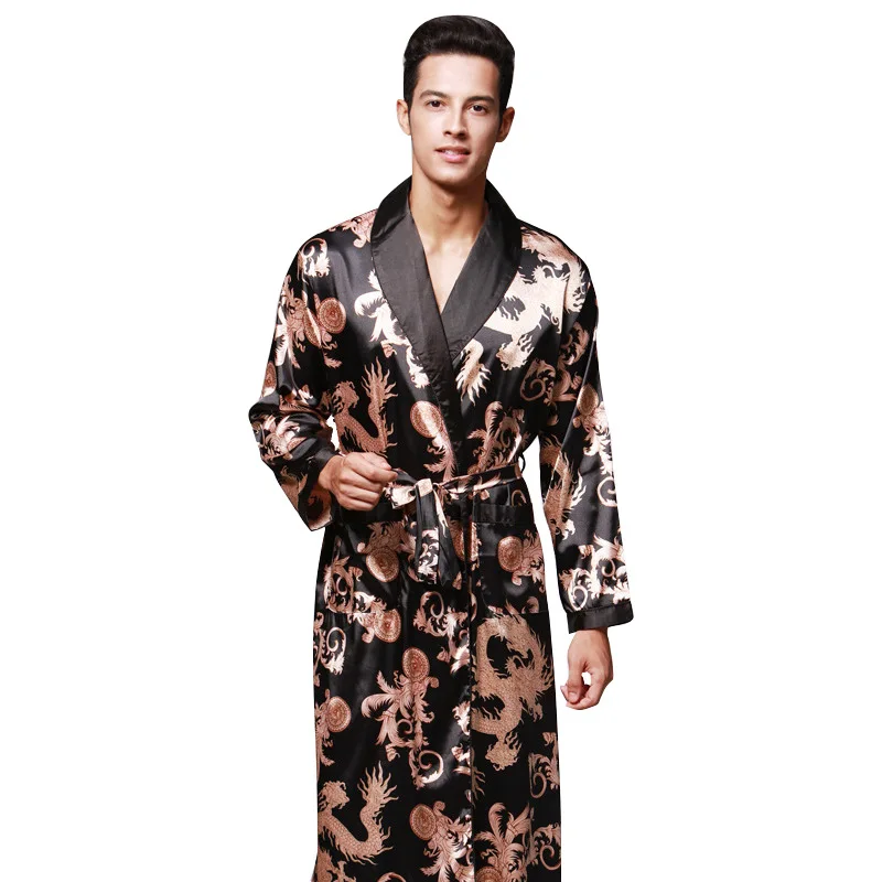 Silk Ice Silk Long Sleeve Men's Pajamas Long Home Nightgown Bathrobe-8