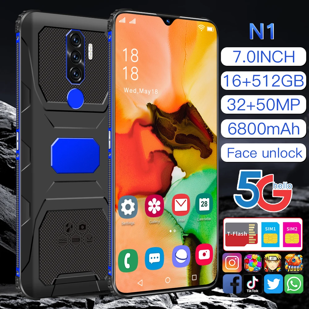 

N1 7.0 Inch HD Screen Global Version Smartphone 16GB 512GB 32MP 50MP 6800mAh Qualcomm 888 Deca Core Face Unlocked Mobile Phone