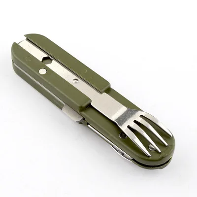 Army Green Folding Portable Stainless Steel Camping Picnic Cutlery Knife Fork Spoon Bottle Opener Flatware Tableware Travel Kit|spoon bottle