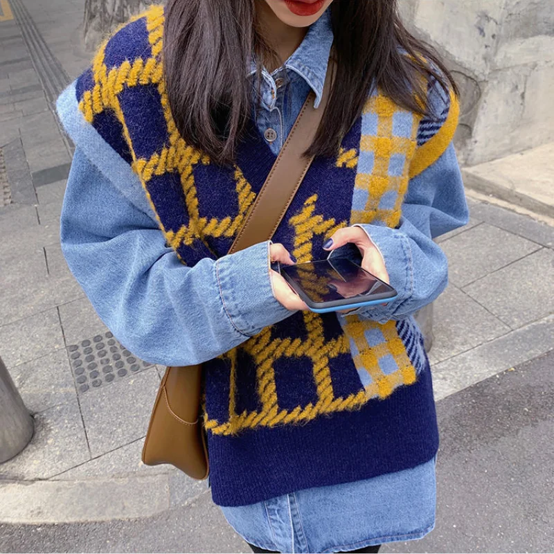 

Panelled Plaid V-neck Sweater Vests Women Autumn Loose All-Match Preppy College Style Jumpers Tricot Knitwear Vintage Chic Vest