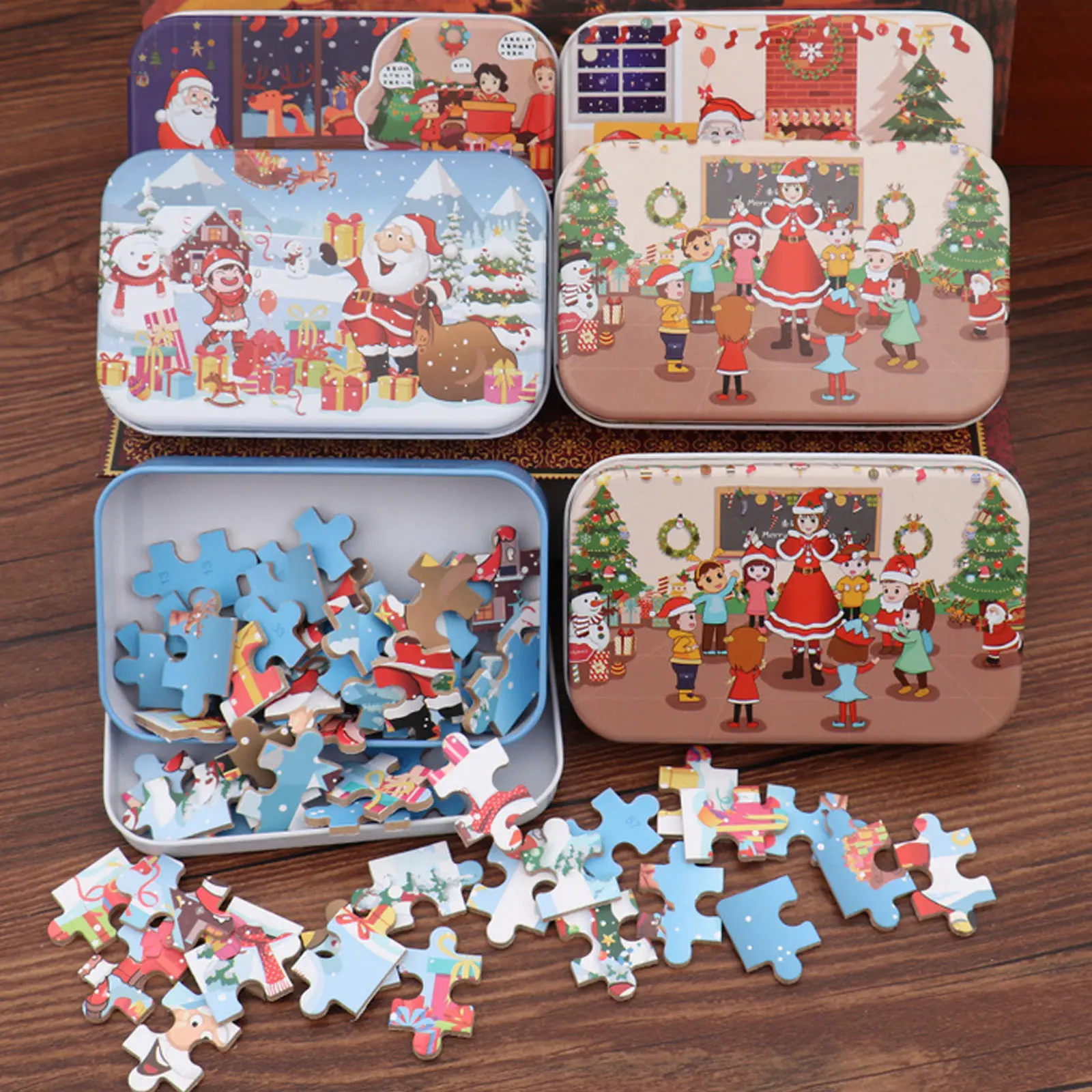 

60PCS Christmas Jigsaw Puzzles Cartoon DIY Puzzles Educational Toys Brain Handmade Training Toys with Iron Case for Kids Xmas