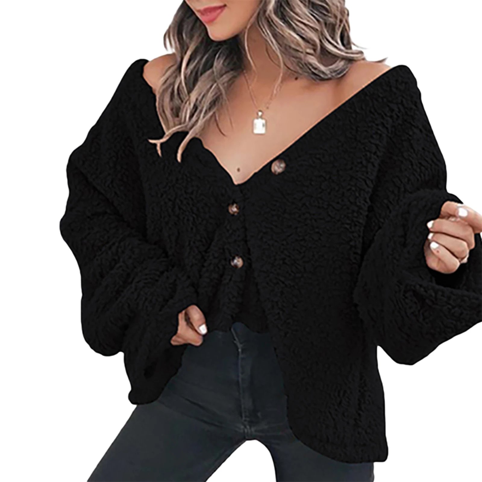 

Женская флисовая куртка на пуговицах, зимнее теплое однотонное пальто с длинным рукавом и глубоким V-образным вырезом