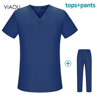 pure color scrub short sleeve nursing suit v neck dental clinic nurse scrub top pants clean spa overalls medical uniform