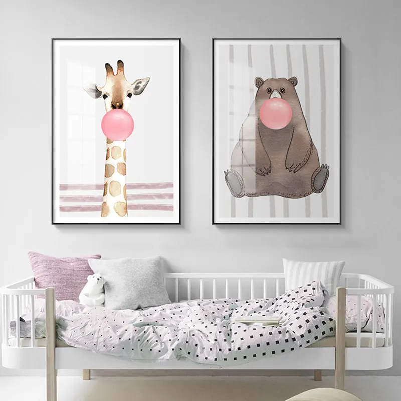 

Cute Animal Paintings Wall Pictures for Living Room Children Room Bear Elephant and Giraffe with Pink Balloon Canvas Painting