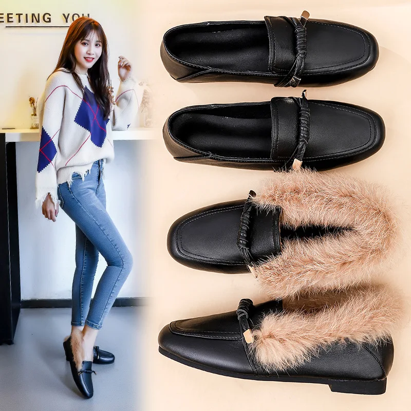 Удобные туфли без каблука с кроличьим мехом женские мокасины коллекция 2019 года