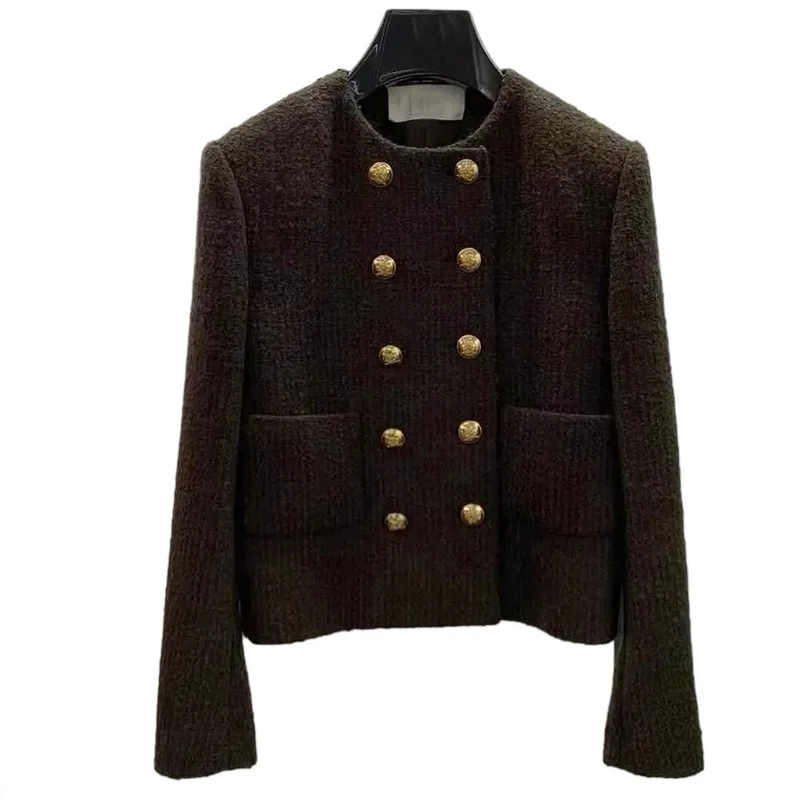 

Autumn O-neck Yellow Tweed Jacket Women Double Breasted Cardigan Korean Chic Elegant Traf Office Ladies Y2k Short Woolen Coat