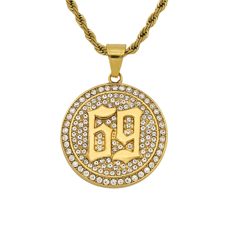 

Fashion Gold Color Stainless Steel Women Necklaces With Cubic Zirconia Punk Style Number 69 Pendant Men's Hip Hop Jewelry 2021
