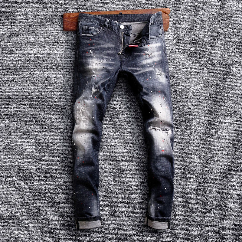 Italian Style Fashion Men Jeans Retro Black Blue Vintage Elastic Slim Fit Ripped Jeans Splashed Designer Hip Hop Denim Pants