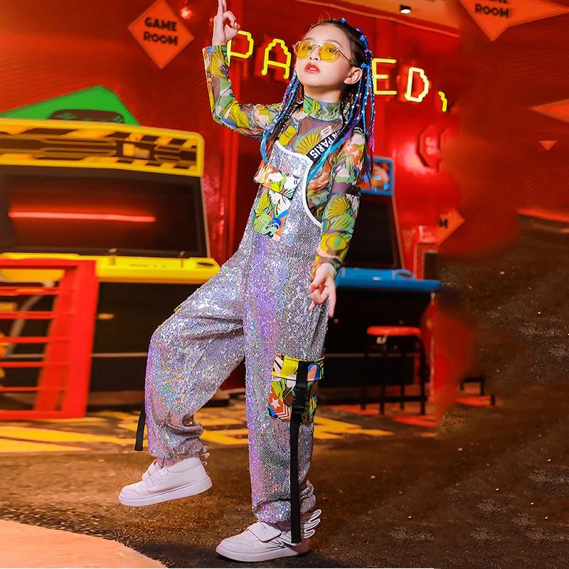

Girls Hip Hop Jazz Dance Clothes Stage Wear Cartoon Anime Tops Sequins Loose Overalls Street Dance Performance Costumes YS1289