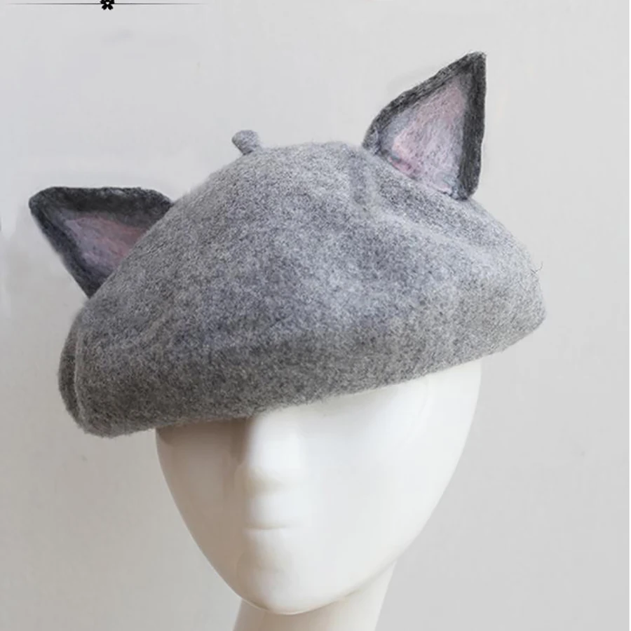 Повседневная шерстяная шапка ручной работы с милыми кошачьими ушками