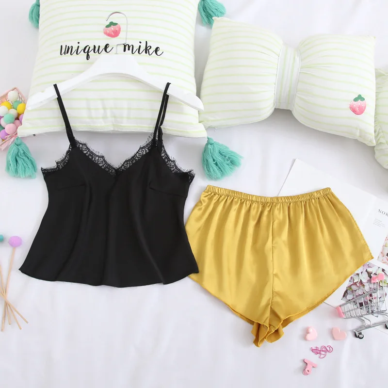 

Пикантная кружевная женская пижама Lisacmvpnel, атласная мягкая ночная рубашка, комплект из шорт на бретелях-спагетти, пижама