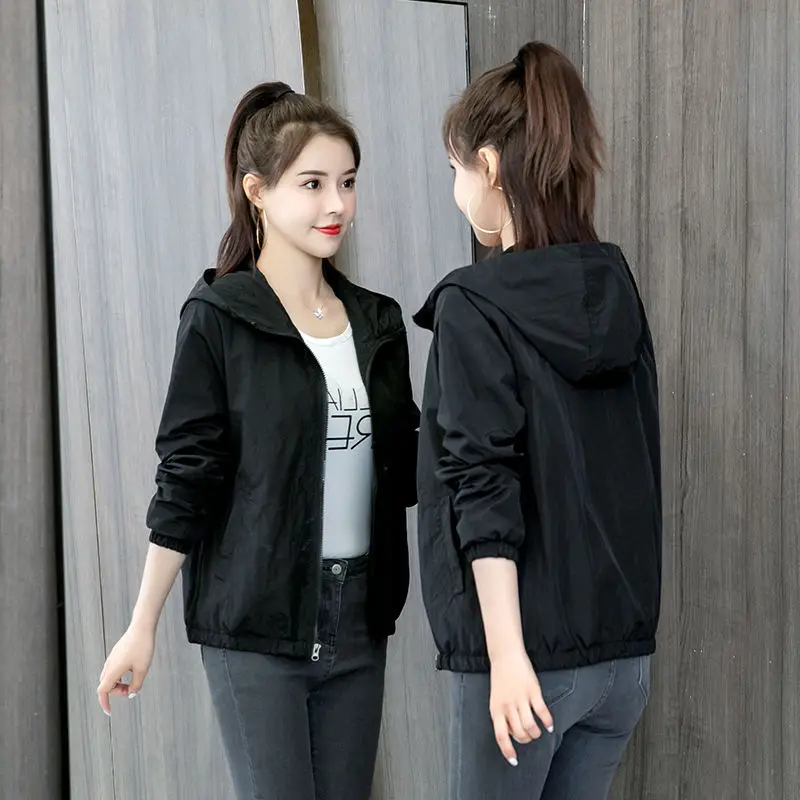 

2021 Spring Jackets Women Basic Causal Solid Hooded Jacket Zipper Windbreaker Lightweight Women Hooded Jacket Coat veste femme
