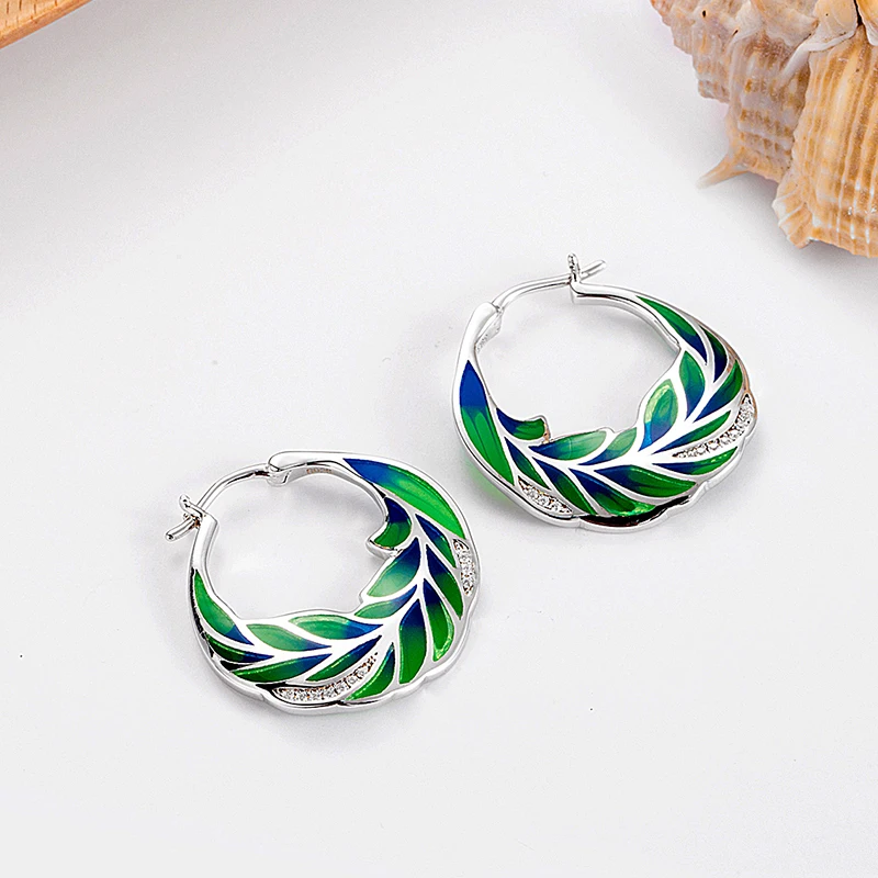 Женский комплект украшений из колье и серёг серебра 925 пробы с эмалью натуральным