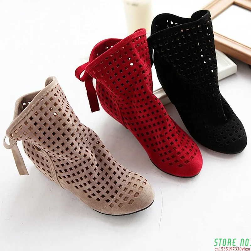 

Size 34-43 Women's Boots Summer Cute Flock Flat Low Hidden Wedges Solid Cut-outs Ankle Boots Ladies Dress Casual Shoes