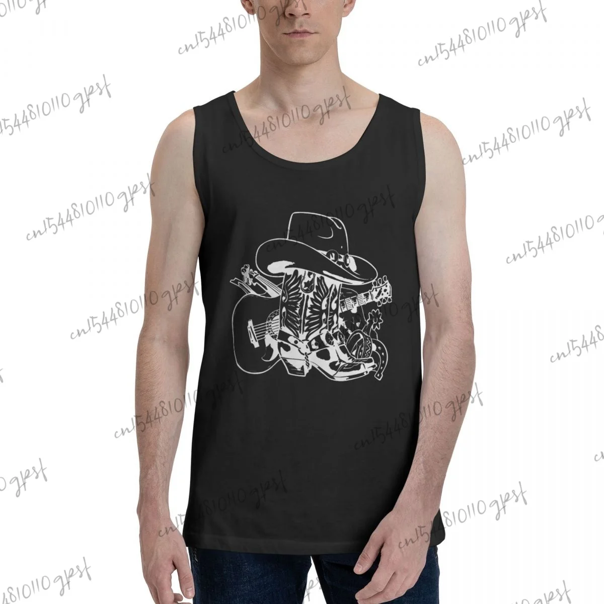

basquetbol tank top Mens Cowboy Boots Cowboy Hat Guitar Country Music Black tank top ropa Sleeveless Tank Top Shirt