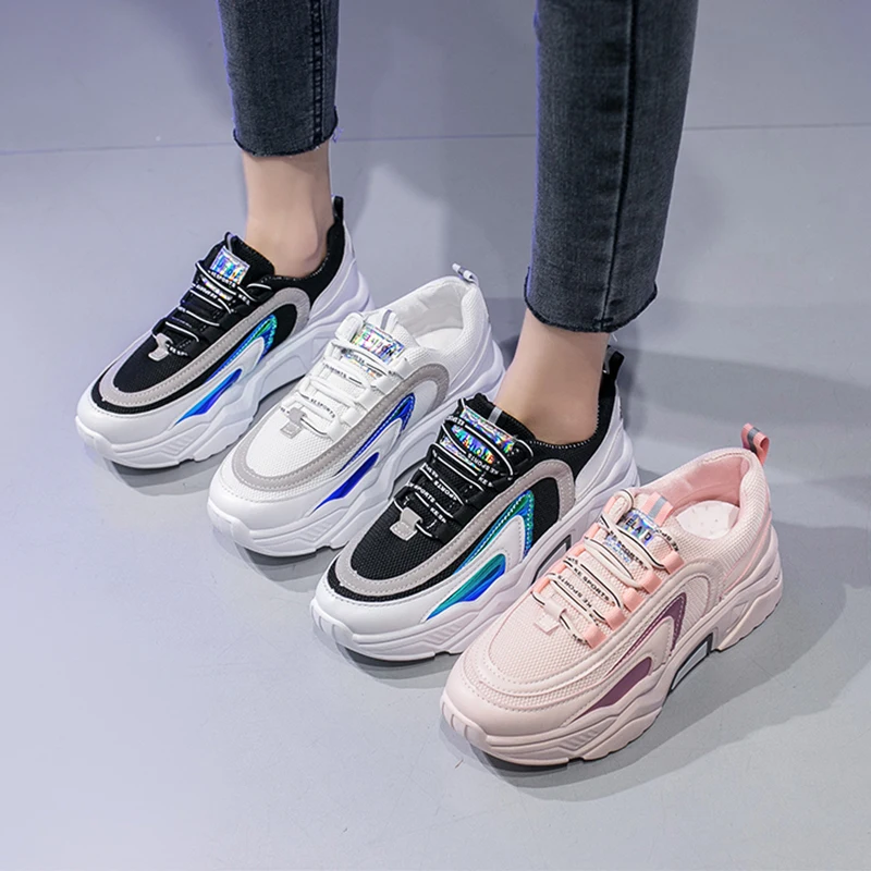 

White Pink Women Sneakers 2021 Spring Fashion Platform Shoes Summer Lace Up Casual Vulcanized Dad Chunky Shoes Women Tenis