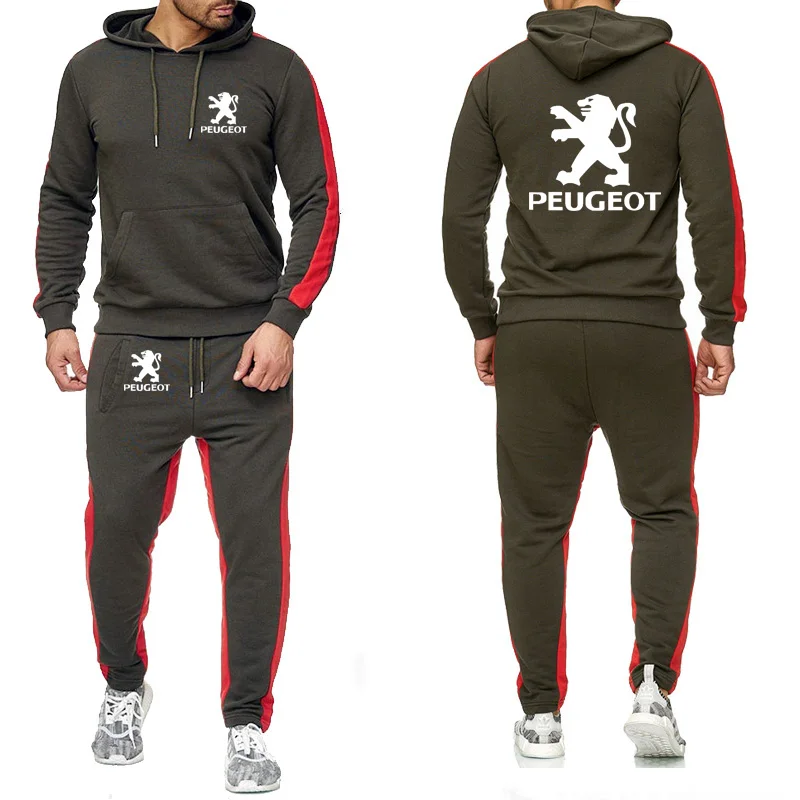 

New 2020 Hoodies Men Peugeot Car Logo Printed Sweatshirt Splice Casual Fashion Men Pullover Male Hoodies+Pants 2Pcs Suit