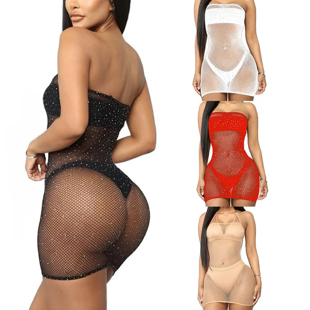 Women Sexy Summer Beach Fishnet Mini Dress Female Off Shoulder Bling Diamante Crystal Mesh Cover Up |