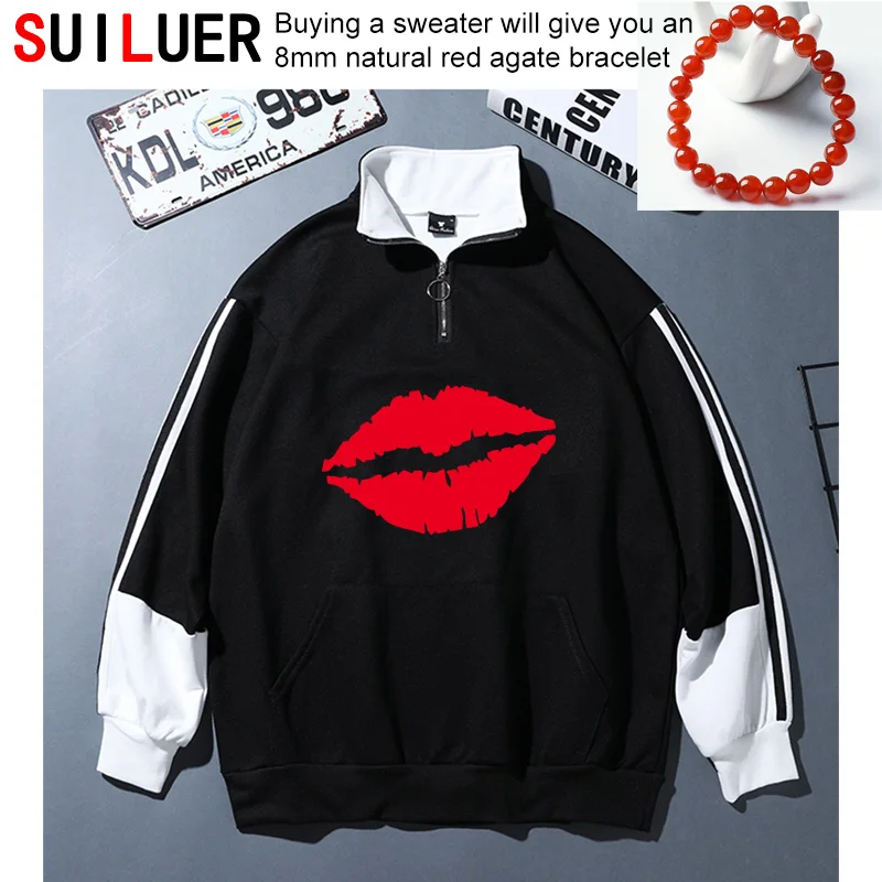 

Pretty and cute Red Lips Print Women 100% Cotton Sweatshirts Casual Long Sleeve Sports Hoodies Ladies Running Pullovers SL-19-44