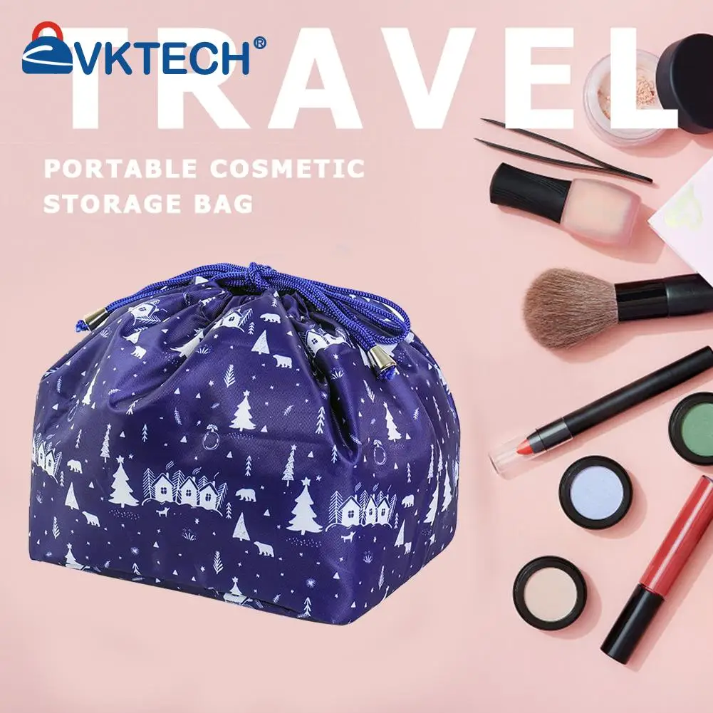 

Travel Portable Toiletries Bag Christmas Print Drawstring Nylon Makeup Bags