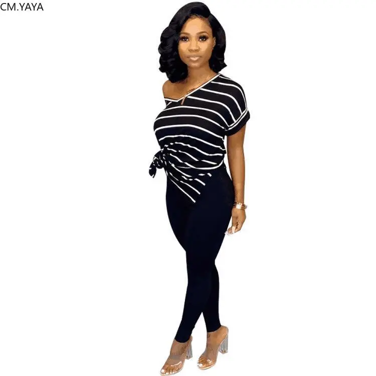 Осенне летний женский костюм в полоску с v образным вырезом футболка брюки