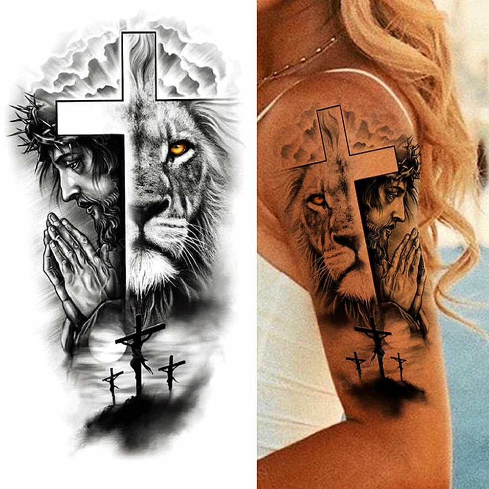 1pc Animal Lion Women Waterproof Temporary Tattoos Fake Stickers Arm Sun Art Black Cross Jesus 3D Praying Fashion Decoration