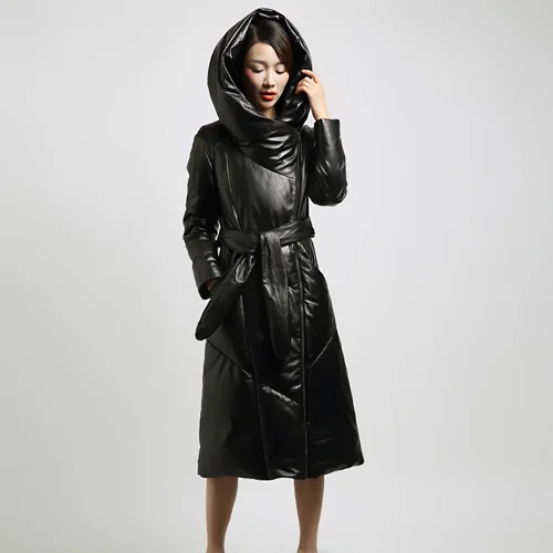 Женский длинный пуховик из натуральной овечьей кожи T4980|Кожаные куртки| |