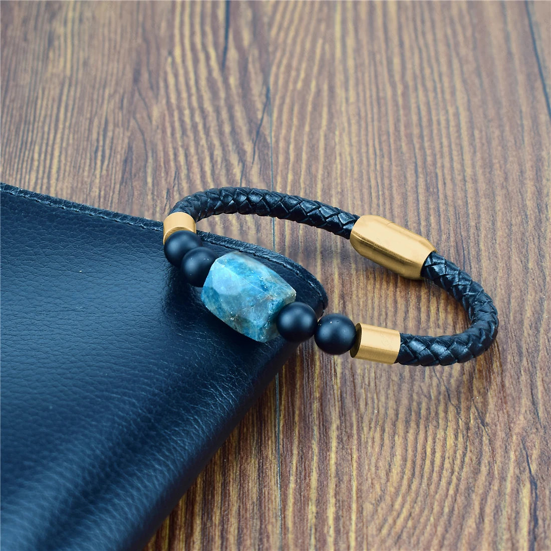 

Man Women Bracelet Apatite Natural Stone Single Leather Wrap Bracelet Semi Precious Stone Beaded Stainless Steel Bracelet