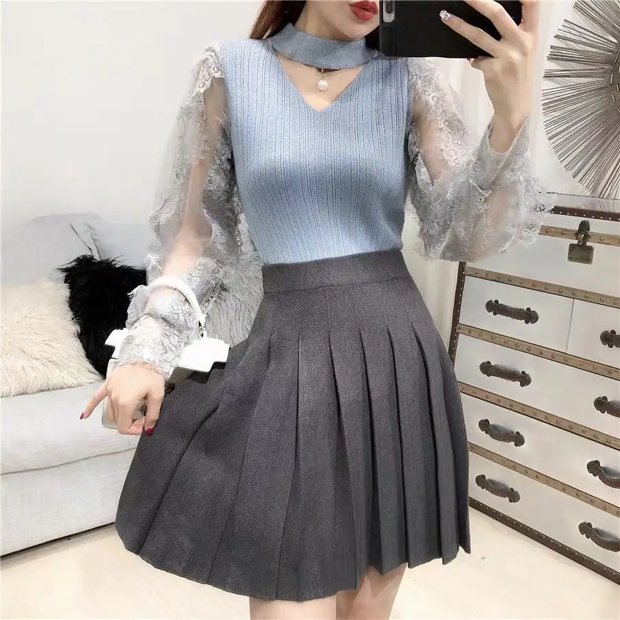 ALPHALMODA Новая мода кружевной фонарь рукав яркий Шелковый вязаный обтягивающий свитер изящный женский милый кружевной свитер Мода Outfi