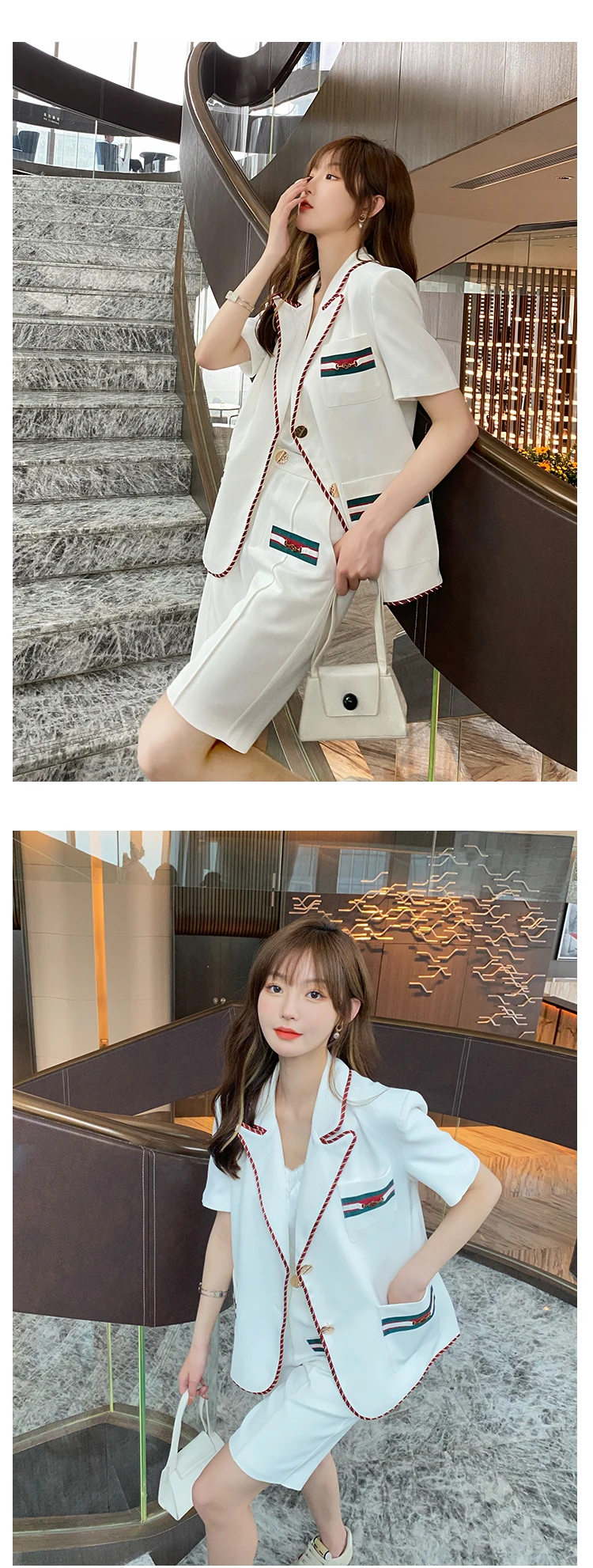 

Shorts and Blazer Sets for Women Single-breasted Short Sleeve White Suit Tops Coat Short Pants Solid Color Two-piece Office Suit