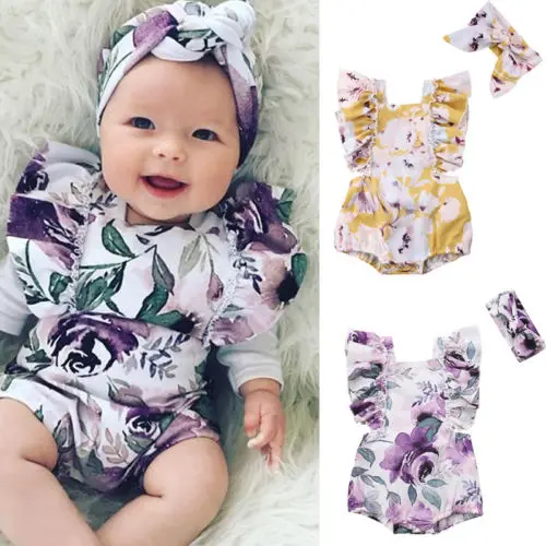 

0-24M Newborn Baby Girls Romper Headband Outfits Floral Print Ruffles Sleeve Backless Jumpsuit Bowknot Elastic Headwear 2Pcs Set