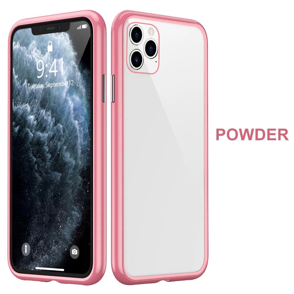 transparent pink KISSCASE металлический магнитный чехол для iPhone X 7 8 7plus 8plus 11 Pro Max XR XS MAX чехол HD закаленное стекло магнит чехол для телефона крышка - Цвет: transparent pink