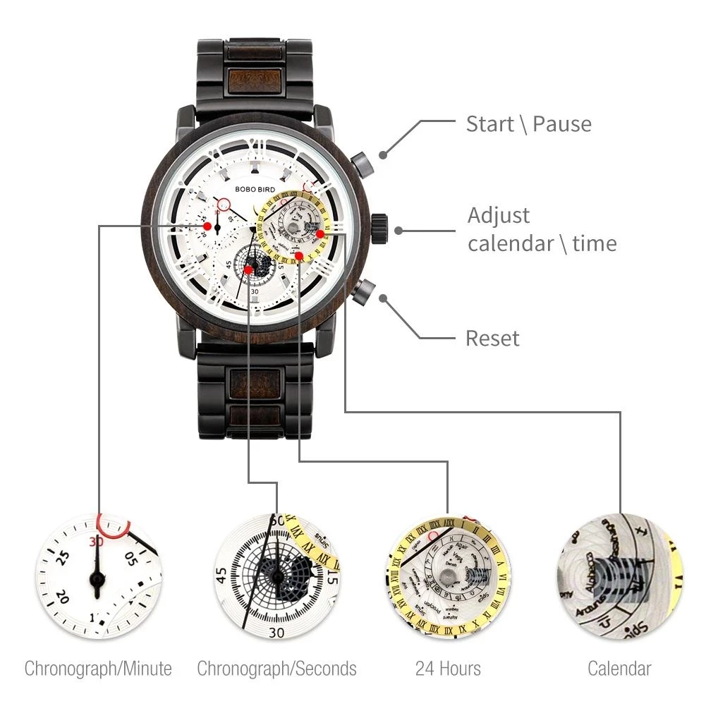 

Men Watch BOBO BIRD Three-dimensional Hollow Design Military Waterproof Wooden Wristwatch Japanese Movement Dual Stopwatch reloj