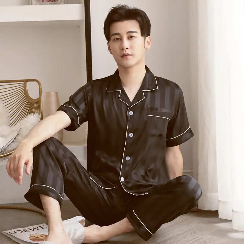 Spring Summer Thin Ice Silk Men's Pajamas Set Stain Print Leisure Sleepwear Loose Soft Short Sleeve Pajama Pants Tops Homewear