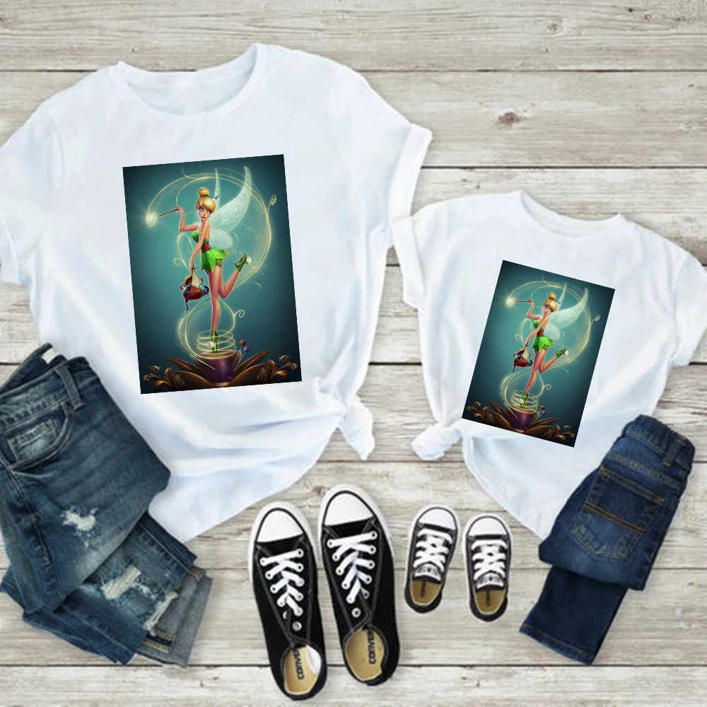 

Disney Tinker Bell Print Women T-shirt Twinning Mother Daughter Aesthetic Clothes Tshirt Children Summer Family Matching Outfits