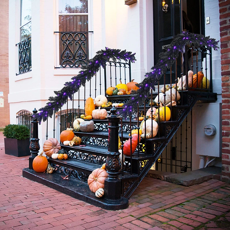 

9 футов, предварительно подсвеченная Классическая Рождественская гирлянда на Хэллоуин, 50 фиолетовых светодиодов, высокое качество, ПВХ 210, реалистичные Рождественские Подвески