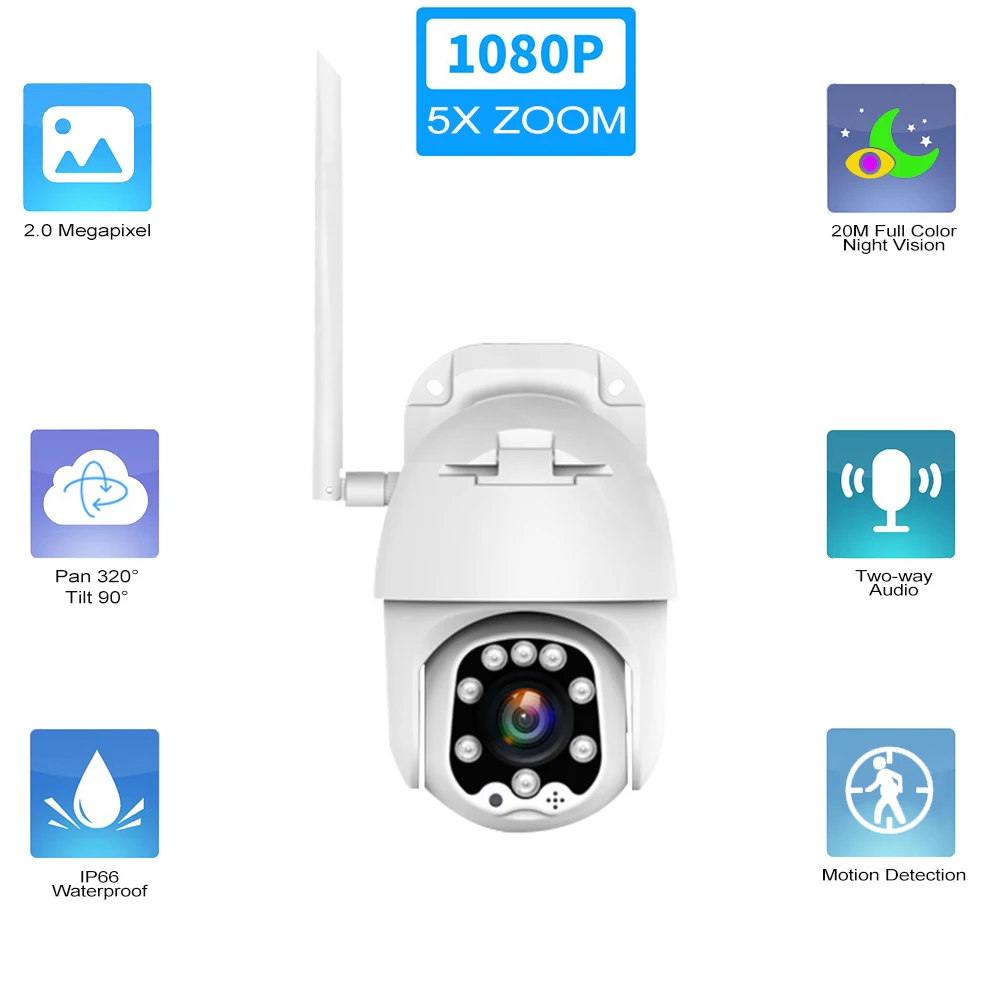 Уличная купольная камера PTZ с 5 кратным увеличением 1080P Wi Fi видеонаблюдения для