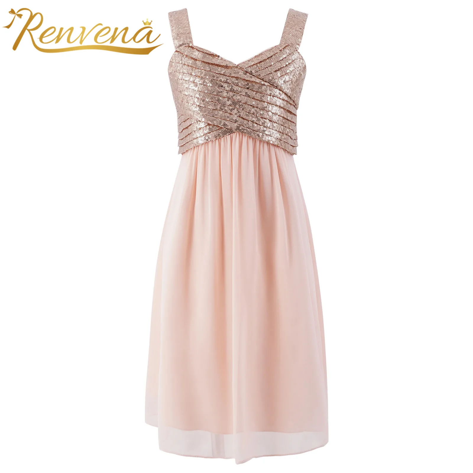 

Kids Flower Girls Wedding Dress Children V-neck High Waist Shiny Sequin Chiffon Dresses Princess Evening Birthday Party Dress