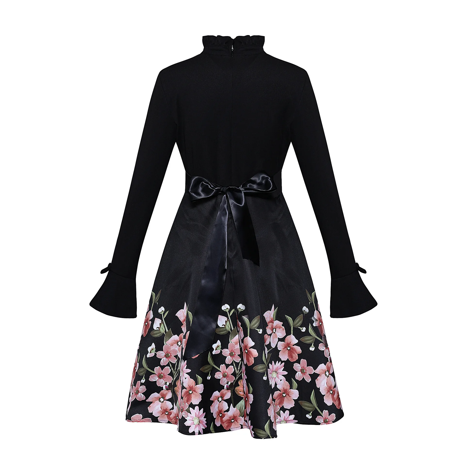 

elegant vintage a-line floral woman dresses fashion style flare sleeve knee length empire stand collar vintage female dresses