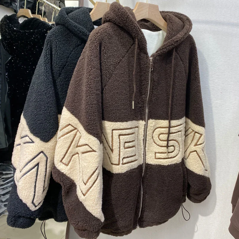 

Korean Style Women Jacket Lamb Wool Hooded Cardigan Letter Print Coat Women Winter Thick Velvet Padded Coat Ins Fashion Overcoat