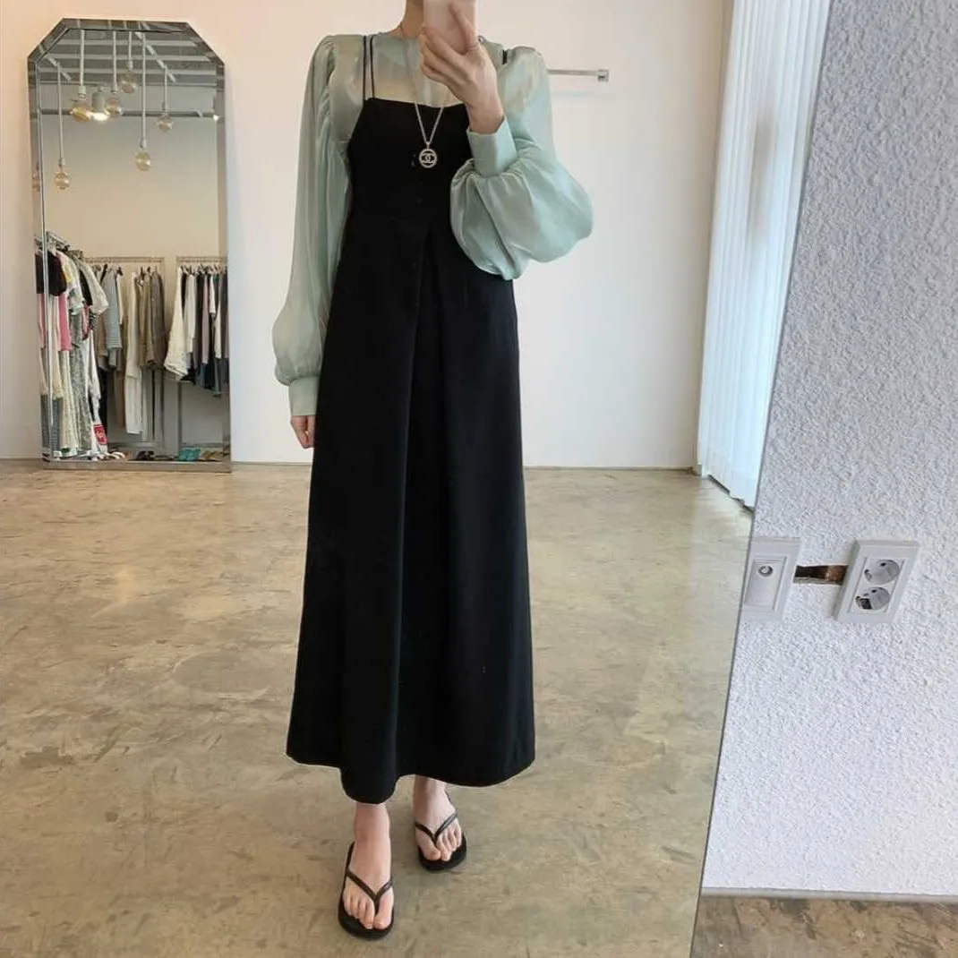 

2021 Spring Clothing Korean Style Ins French Minority Lantern Sleeve Shirt Younger College Style Suspender Dress Two-Piece Set